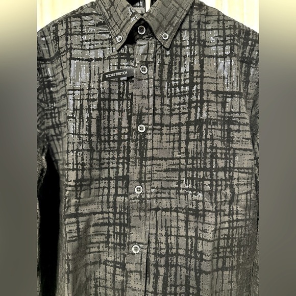 Fried Denim Tops - Fried Denim Black metallic pattern button up long sleeve shirt.